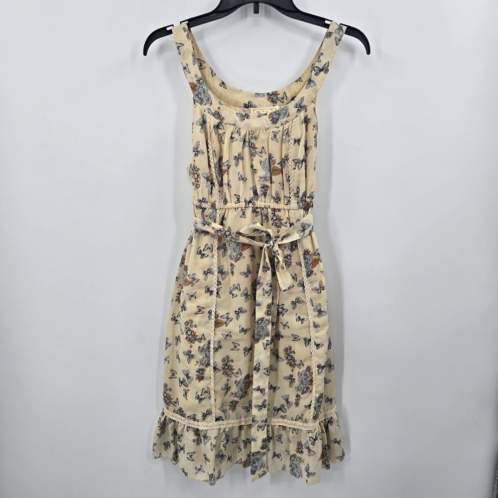 Boho Womens Butterfly Floral Mini Dress Tan Lace Trim L